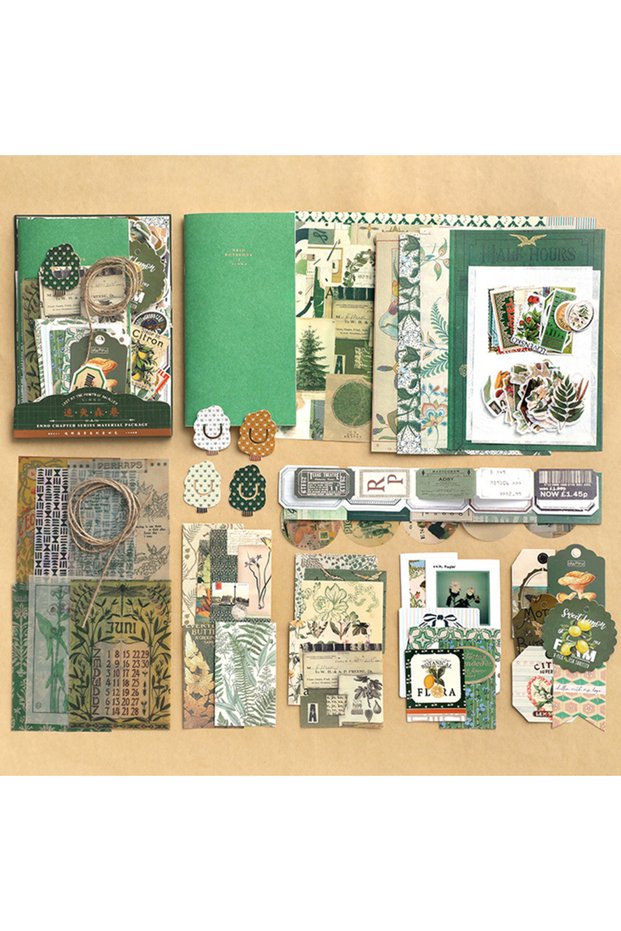 green Retro scrapbook supplies, aesthetic diary tool kit, material paper set, simple Instagram style