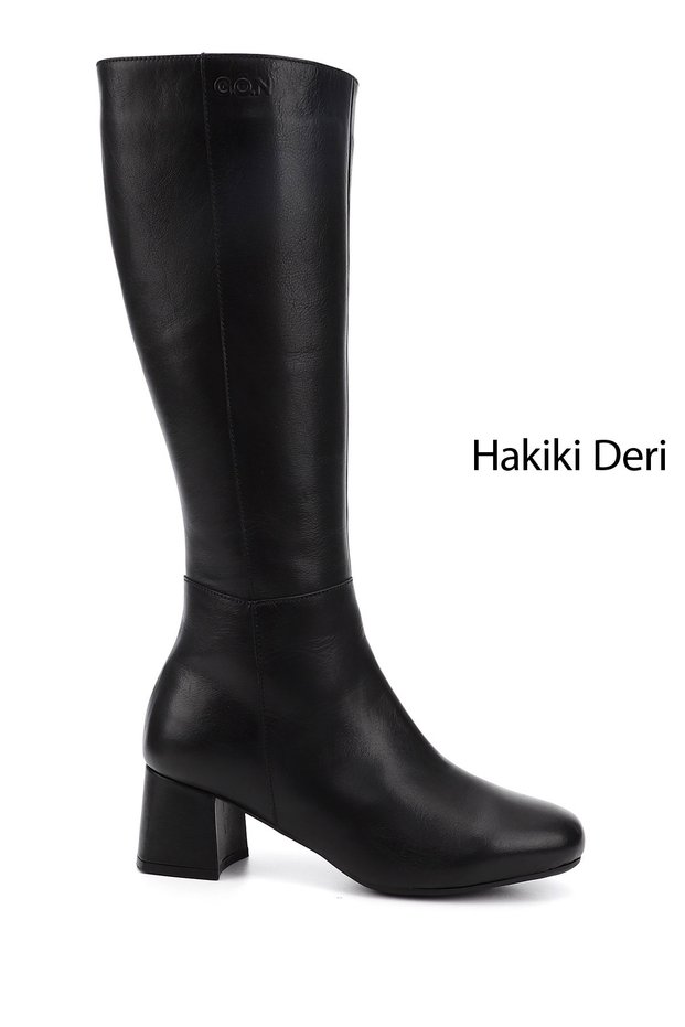 Women's Black Genuine Leather Heeled Zippered Boots