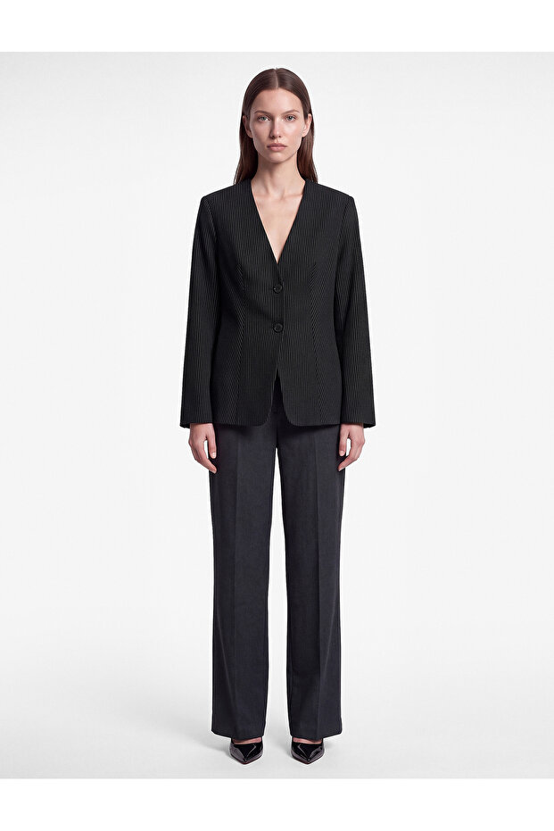 V-Neck Buttoned Striped Blazer Jacket with Bird Eye Detail on the Back and Tie-Up Detail