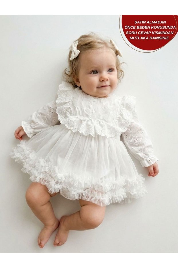 ASTER White Long-Sleeved Lace-Detail Skirted Baby Girl Special Occasion Festive Dress
