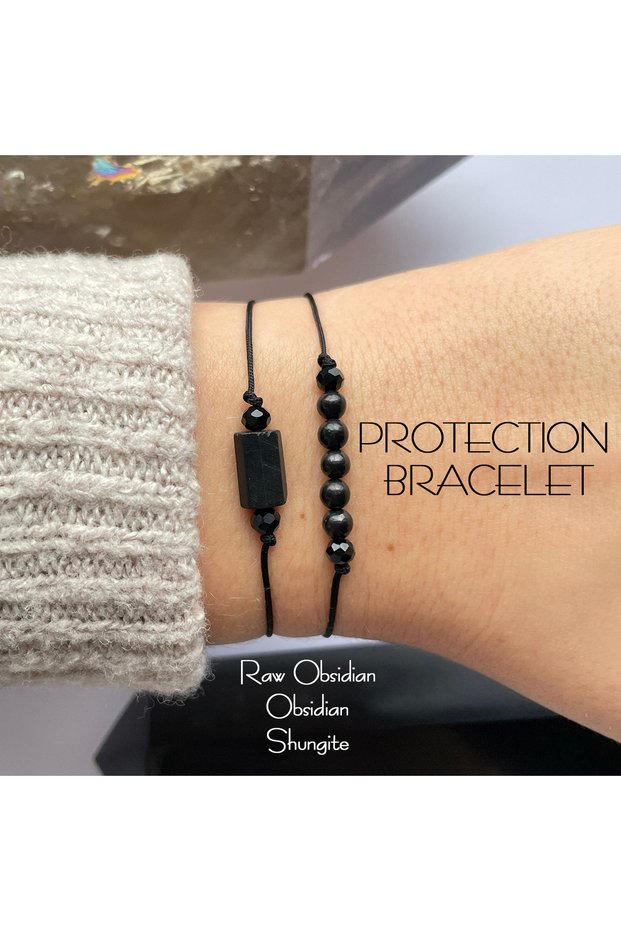 black 14-24cm Raw and Obsidian Bracelet Set, Protection Bracelet Set, EMF Bracelet Set, Anklet Set,