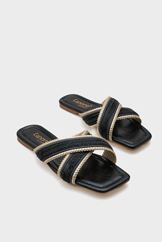 Ketty Flat Heeled Shiny Blunt Toe Cross Strap Women's Slippers