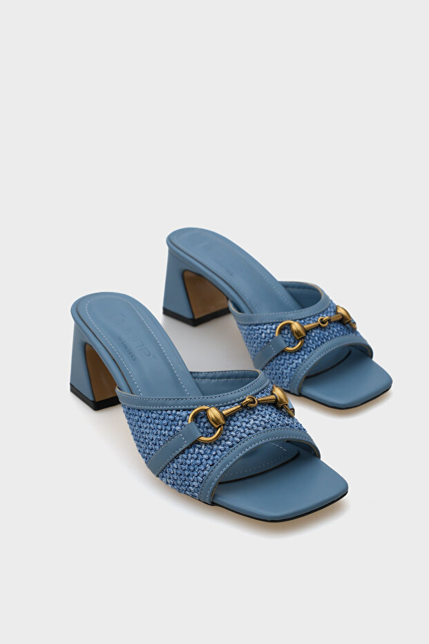 Women's Gold Buckle Straw Detailed Denim Blue Thick Heeled Slippers