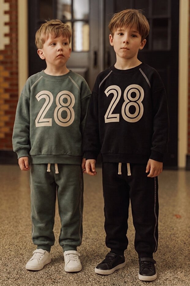 Karyoka Detailed Printed Thin Seasonal Sweatshirt Set for Ages 2-10 Khaki Green
