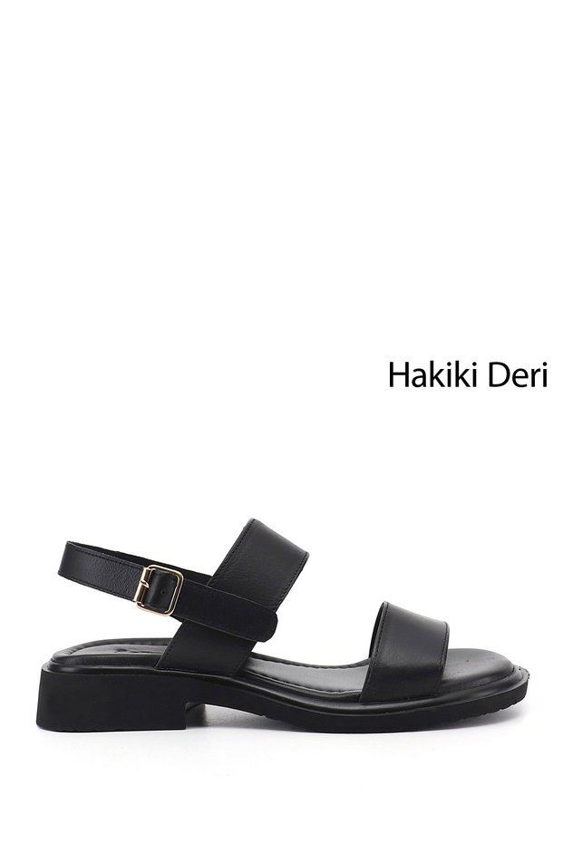 Women's Black Buckle-Strapped Genuine Leather Sandals