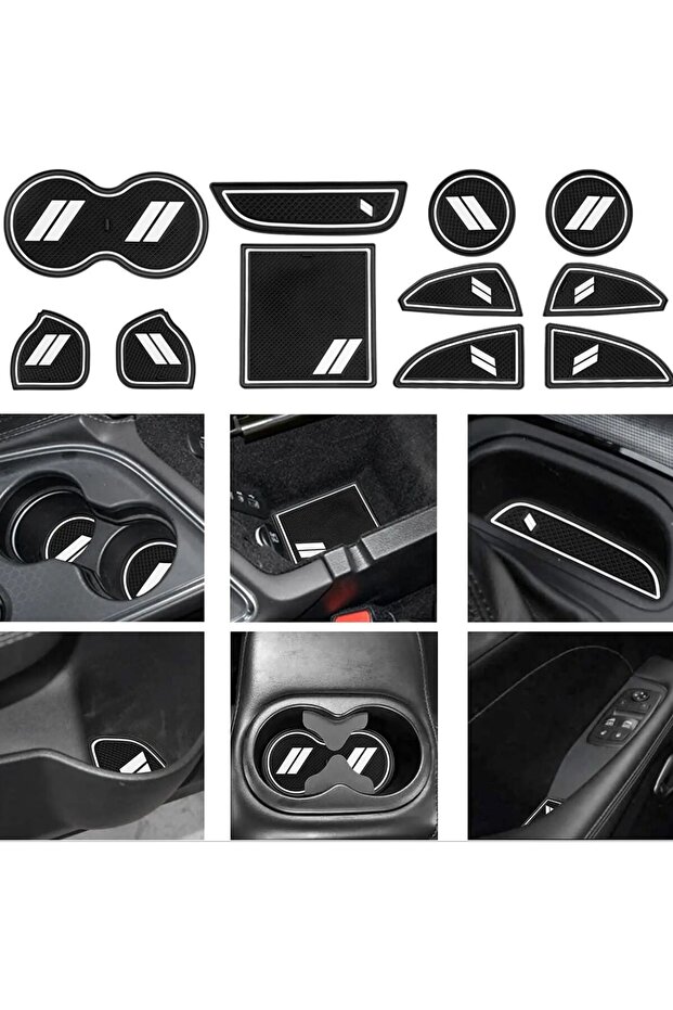 Rubber WHITE White Rubber Vehicle Mat for Dodge Challenger - 11pcs Cup Holder, Center Console Shifte