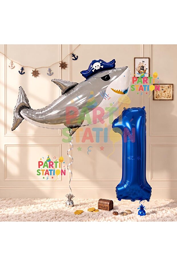 Pirate Shark and 1 Year Old Balloon Set Pirate Shark Concept Birthday Foil Balloon Set