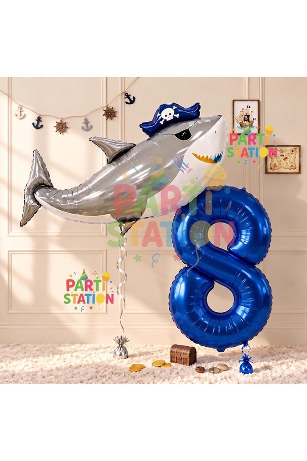 Pirate Shark and 8 Years Old Balloon Set Pirate Shark Concept Birthday Foil Balloon Set