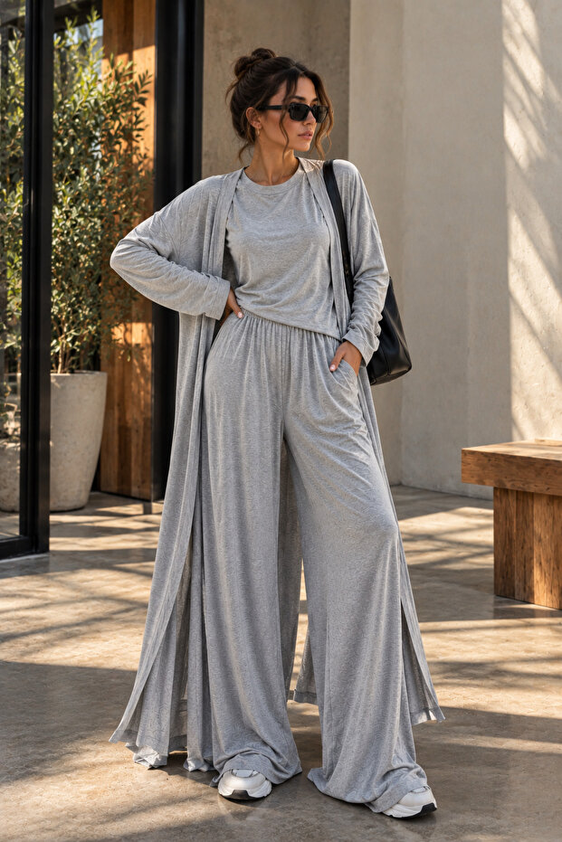 Women's Premium 3-Piece Combed Cotton Suit with Long Cardigan and Wide-Leg Pants, Soft Textured Casual Combination