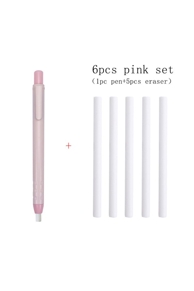 6pcs pink set 6Pcs/Set Creative Pen Shape Press Type Pencil Eraser with Replaceable Core Painting Er
