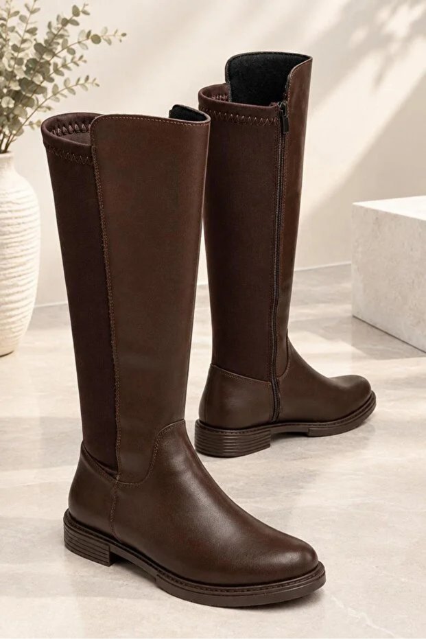 Women's Coffee-Colored Boots, Made of Diving Fabric, Knee-High, Comfortable and Stylish, K401