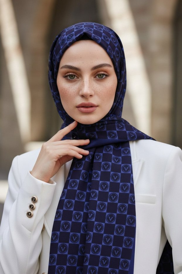 Crepe monogram patterned navy blue - indigo colored 75x195 wrinkle-resistant shawl