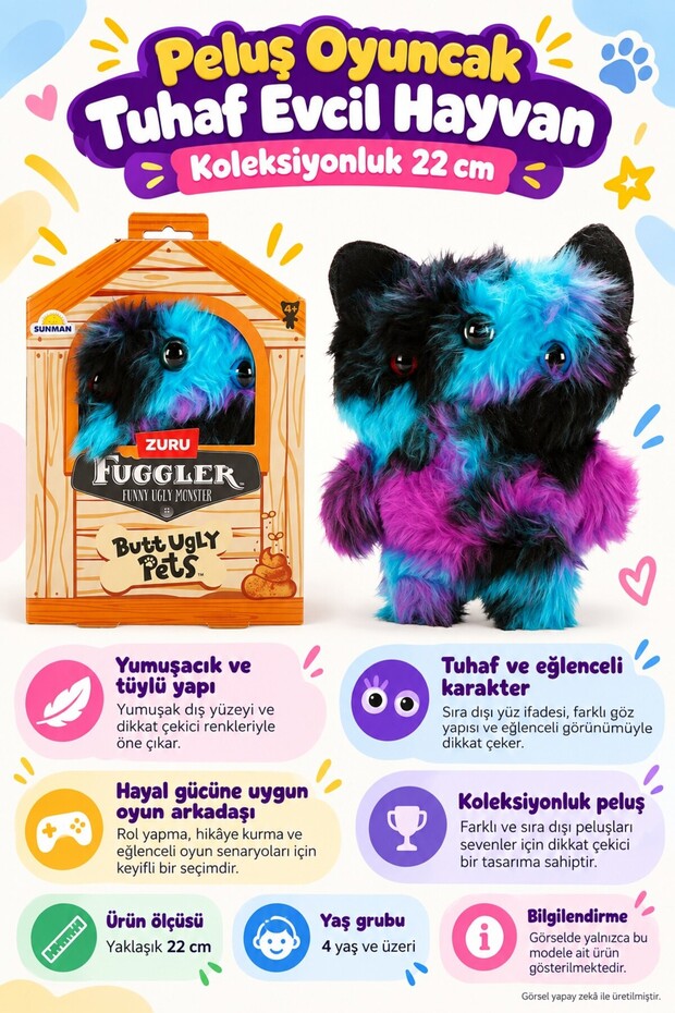 Fuggler Butt Ugly Pets Reek-O Blue Black Plush Toy - 22.5 cm