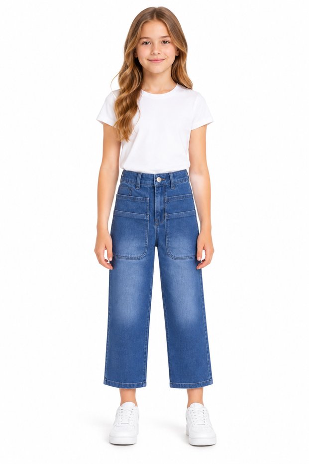 Blue Denim Pants for Girls with Pipe Leg and Front Pocket Detail 2202