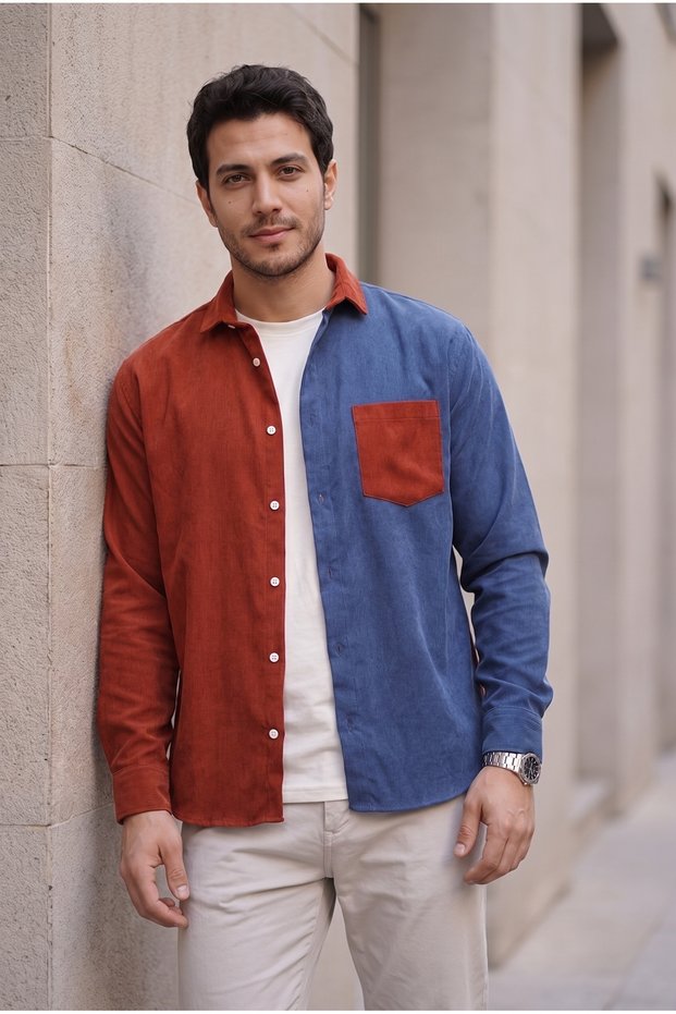 Contrast Double Color Corduroy Shirt - Light Brick