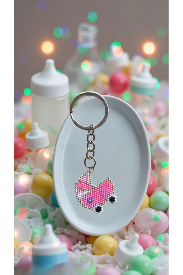 Miyuki Beads Handmade Pink Baby Stroller Keychain/Bag Ornament 1