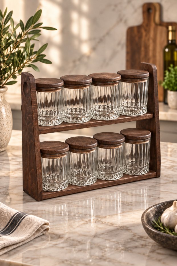 Laura Lotus- Set of 8 Vacuum Wooden Lid Glass Spice Jar Set with Stand Storage Container Set 210 ml