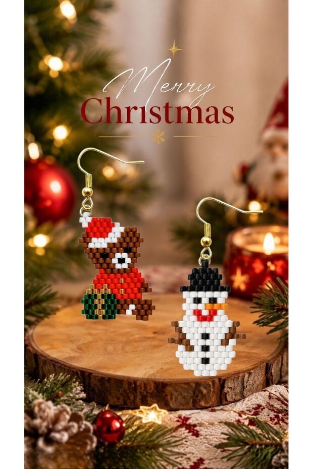 Miyuki Beads Handmade Teddy Bear and Snowman Earrings New Year Christmas Noel