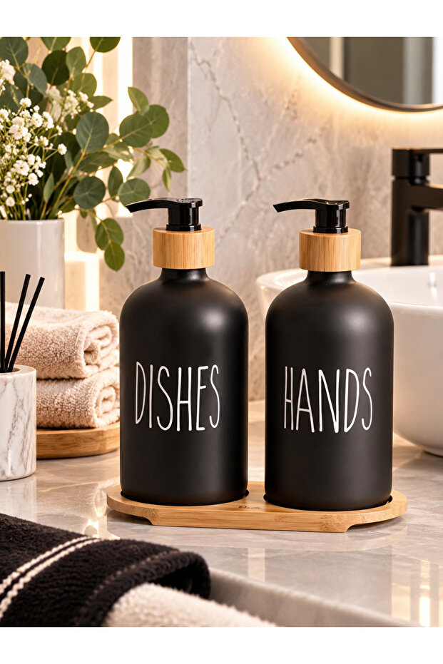 Gloria black 2-piece glass kitchen liquid soap dispenser set with stand - bamboo stand soap dispenser