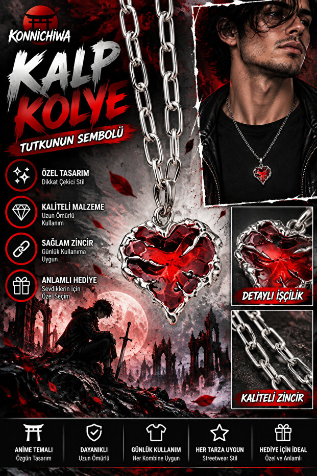 Gothic Red Heart Necklace – Chain Necklace with Dark Romantic Heart Figure