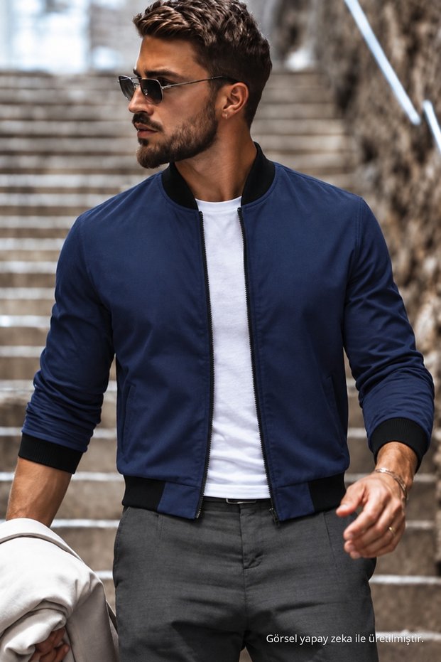 Men's Fit Nubuck Bomber College Collar Navy Blue Jacket