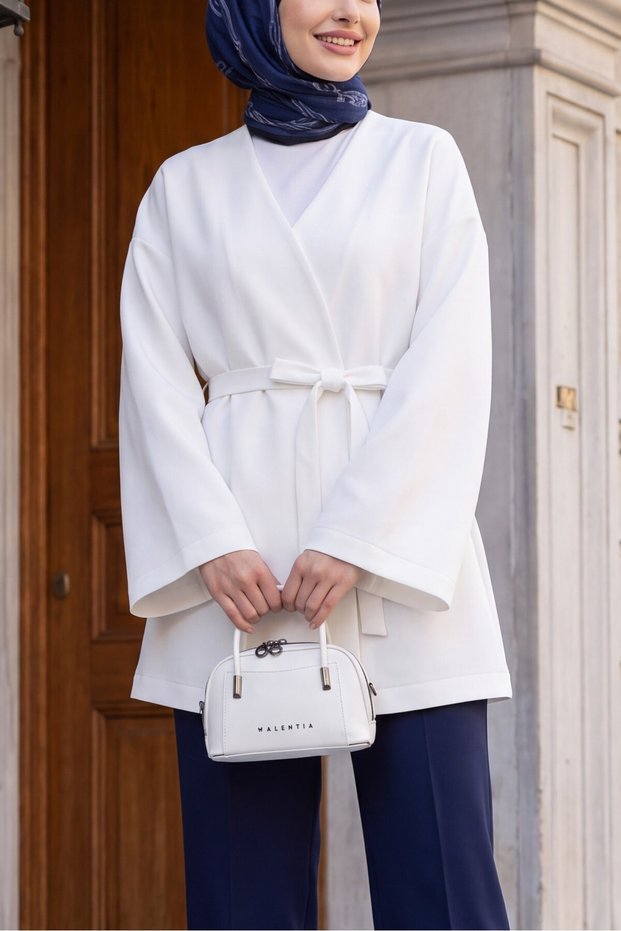 Beli Belted V-Neck Scuba Kimono -White