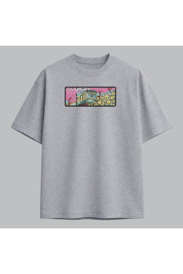 Japanese Train and Sakura Embroidered T-Shirt Unisex 100% Cotton
