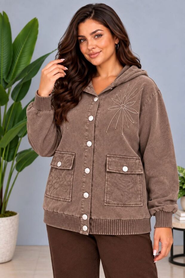 Cedy -Special Design Women's Stone and Embroidery Detailed Buttoned Hooded Sweat Cardigan C7150-Coffee