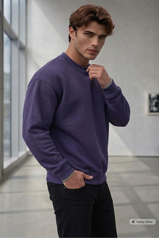Men's Purple Hoodless Crew Neck Sweatshirt