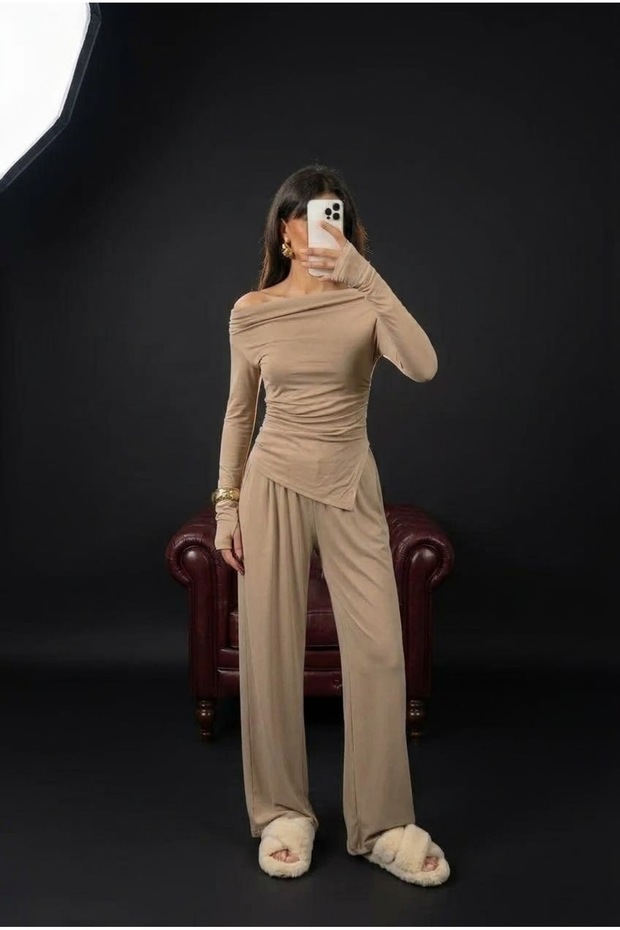 Women's Shoulder Detailled Side Slit Finger-Through Bluz Pant Takim