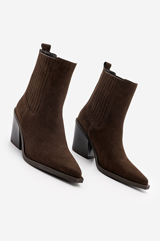 Women's Pointed Toe Cowboy Elastic Western Boots Erbe Brown Suede