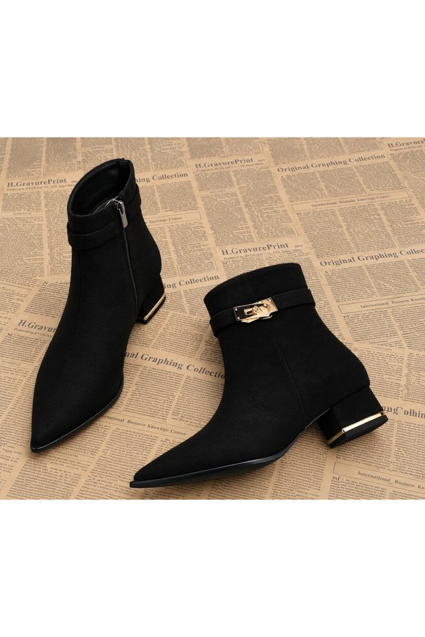 Women's Suede Pointed Toe Zippered 4 cm Heeled Stylish Boots