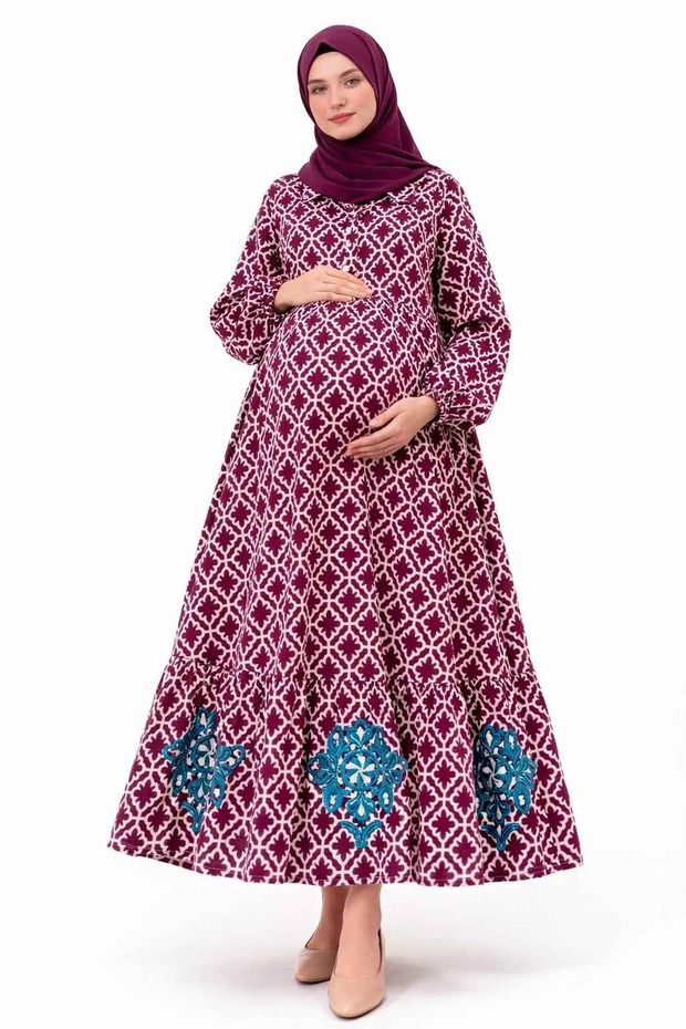 Women's Button-Front Embroidered Pocketed Burgundy Maternity Hijab Dress