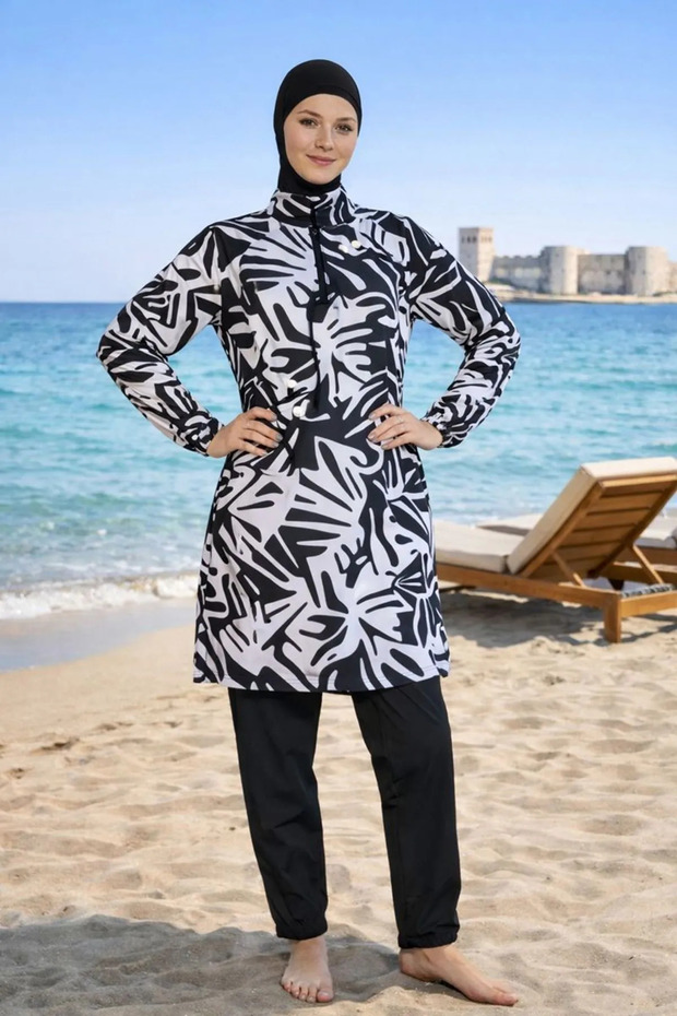 Women's Black and White Full-Covered Parachute Fabric Zippered Hijab Swimsuit