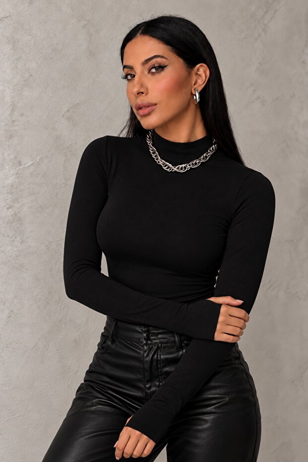 Women's Black Finger Detailed Bodysuit