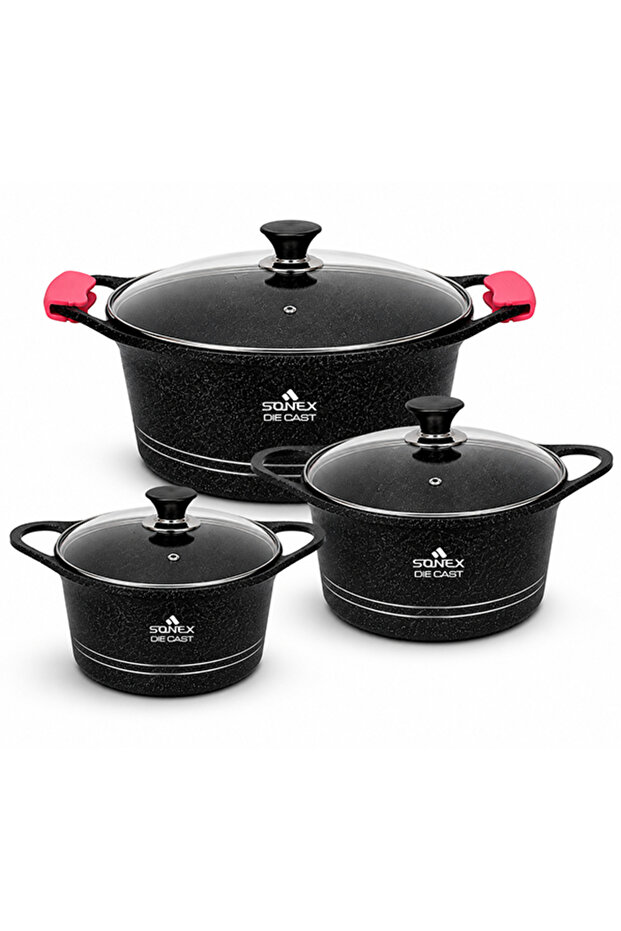 Diecast Non-Stick Eden Mega 3-Piece Set with Pot Holder, Sizes 9L, 13L, 19L, Grey Marble Finish, Superior Heat Distribution, Durable Handles, All Stovetop Compatibility (Black)
