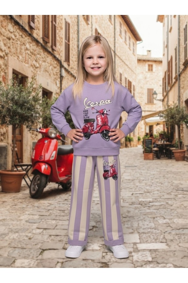Vespa Motor Printed Striped Pants 2-Piece Seasonal Top and Bottom Girls' Set