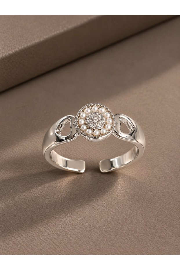 Brass Silver Color Zircon Stone Pearl Heart Engraving Detail Adjustable Model Women's Ring