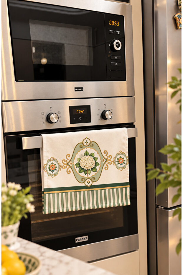 Green Striped Hydrangea Flower Patterned Oven Cover – 35X50 Cm, Digital Printed Suede Fabric