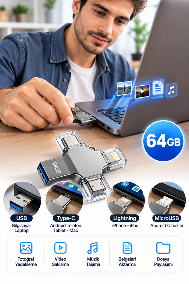 64Gb Lightning Type C USB Microusb Input Flash Drive That Allows Use with Multiple Devices Using a Single Product
