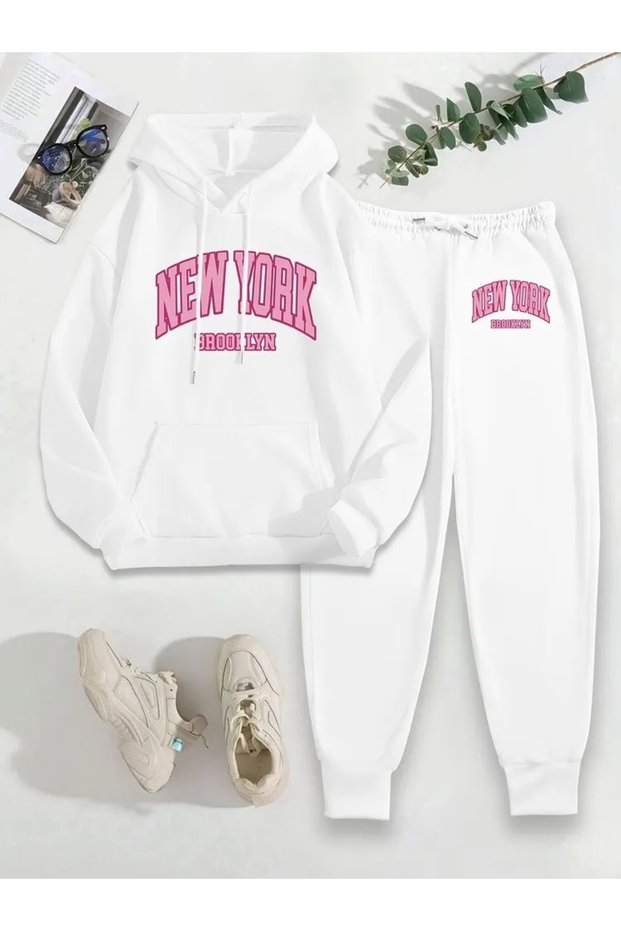 Women's New York Printed Top Hooded Bottoms with Elastic Cuffs 2-Piece 3 Thread Raster Bottom Top Tracksuit Set