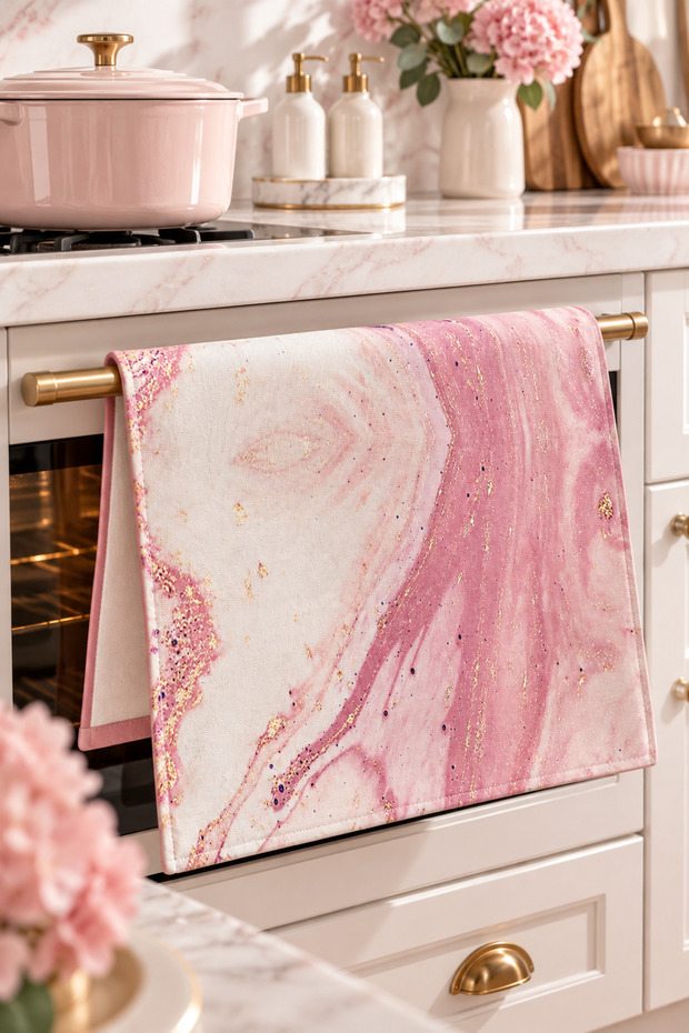 Pink Marble Patterned Oven Cover – 35X50 Cm, Digital Printed Suede Fabric