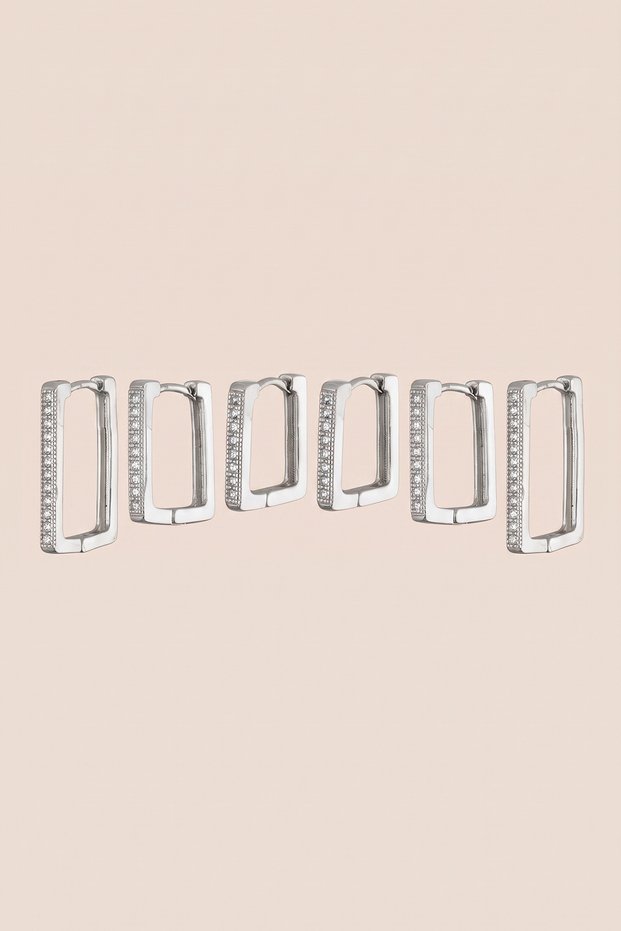 Silver Color Zircon Stone Rectangular Shaped 6-Piece Hoop Earring Set