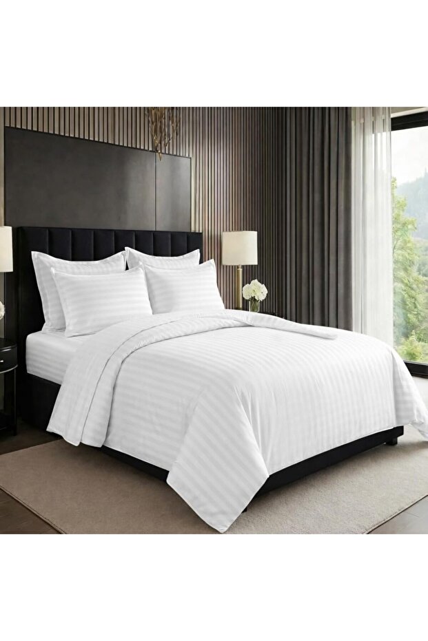 6 pcs Striped Duvet Cover Set King Size 220x240 Bedding Set – 1 Fitted Sheet, 1 Quilt Cover, 4 Pillowcases, White