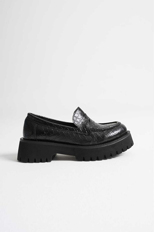 Women's Black Crocodile Pattern Thick-Sole Oxford Loafer Shoes