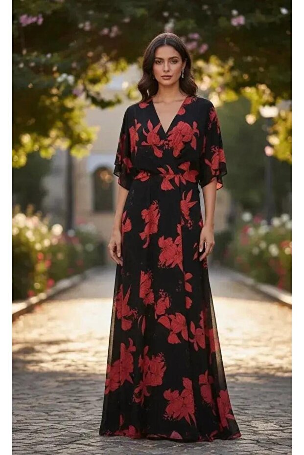 Black Dress with Red Floral Print