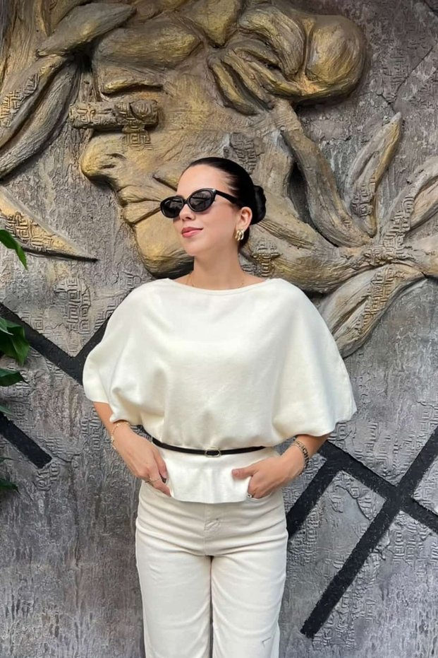 Belt Detail Short Sleeve Boat Neck Knitwear Blouse Sun547