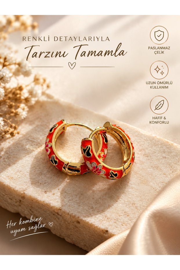 Floral Patterned Orange Enamel Gold Color Hoop Earrings