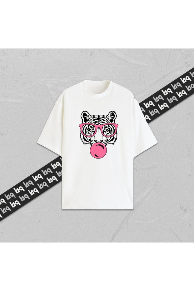 Bubble Tiger Unisex Tiger Printed Oversize T-Shirt 100% Cotton Women Men Crew Neck White