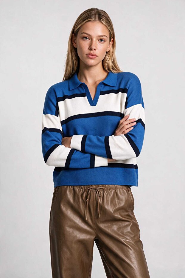 Polo Collar Striped Knitwear Sweater Lnt0047 Blue Dark Blue